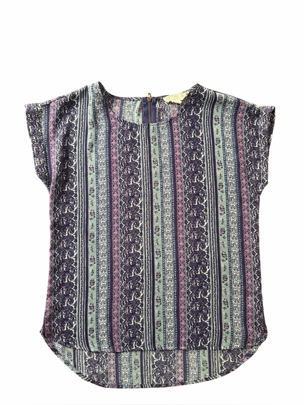 Pink Republic Juniors M Tunic Top Tribal Cuffed Cap Sleeve High Low Top Purple
